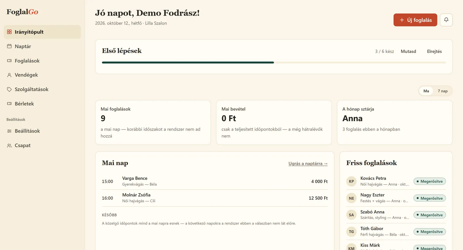 The dashboard with today’s bookings, the revenue and the month’s figures