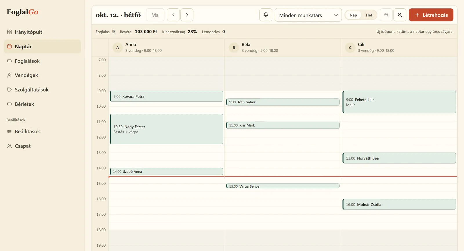 The FoglalGo day calendar view by team member